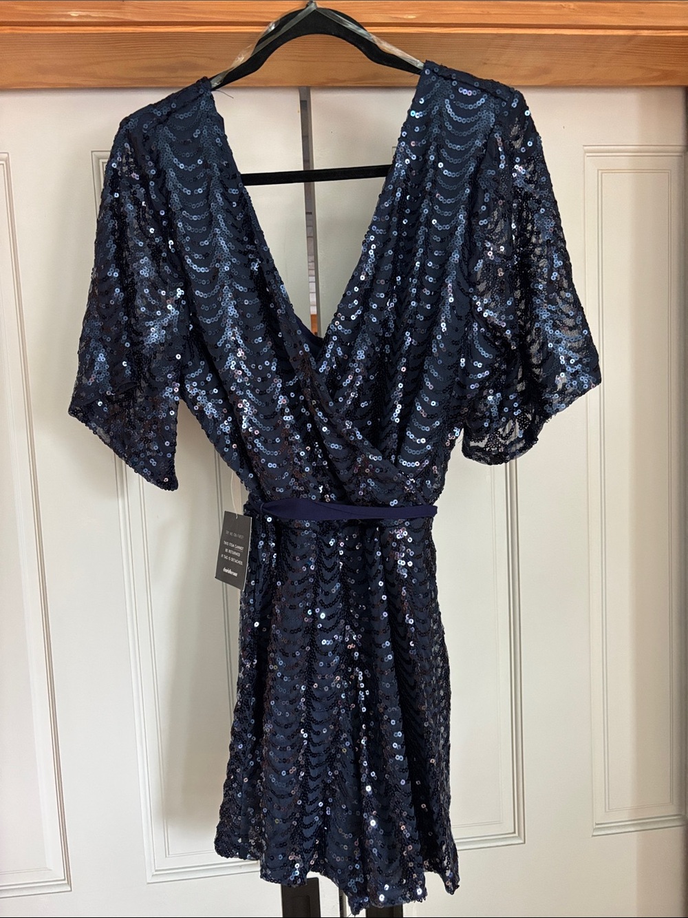Charlotte Russe Navy Sequin Faux Wrap Mini Jumpsuit (Romper) Size XL. NWT